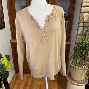 Embroidered Beige Long Sleeve Top